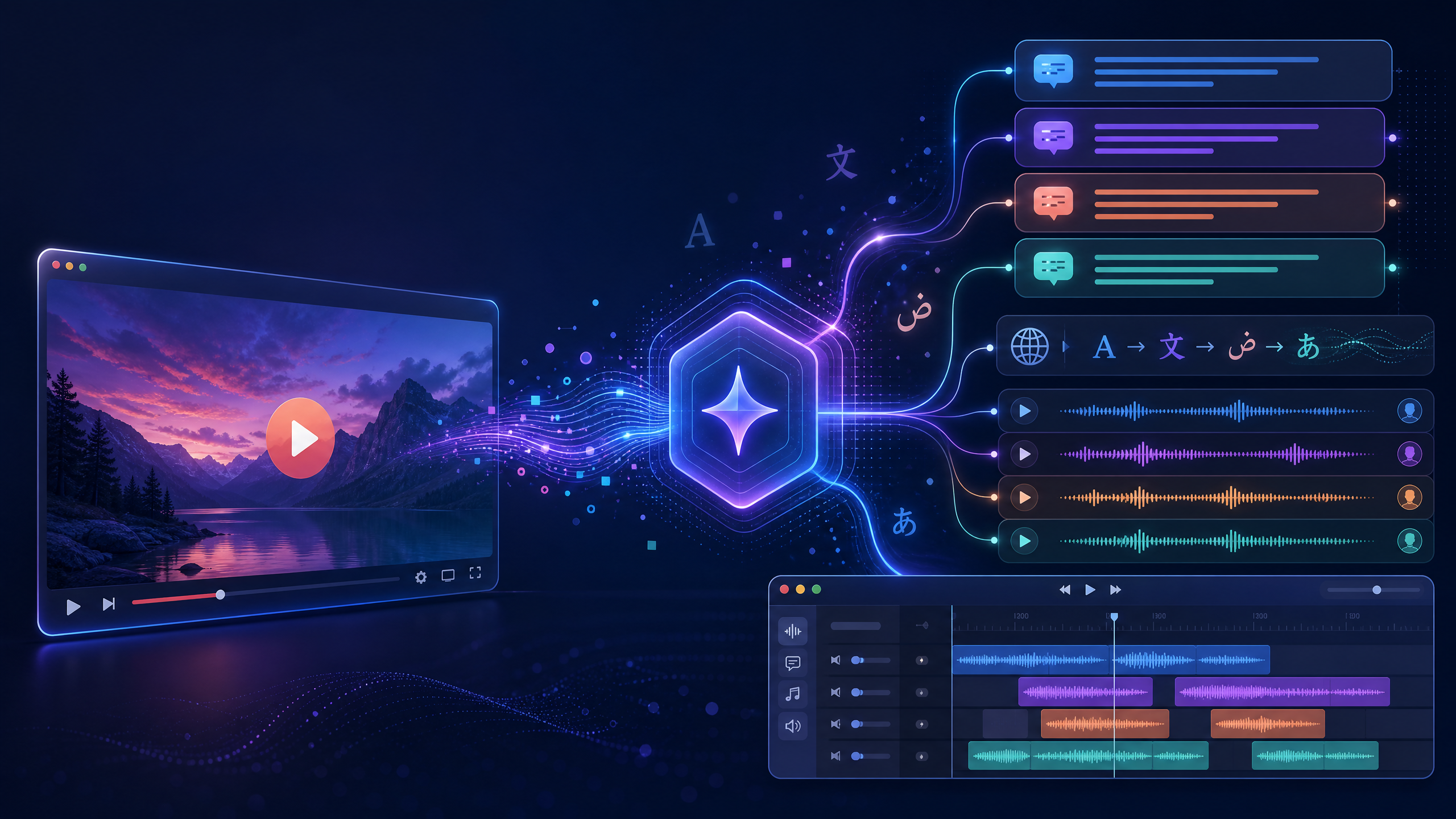 Concept illustration of YouTube iframe playback, Gemini video understanding, subtitle translation, and local multilingual TTS