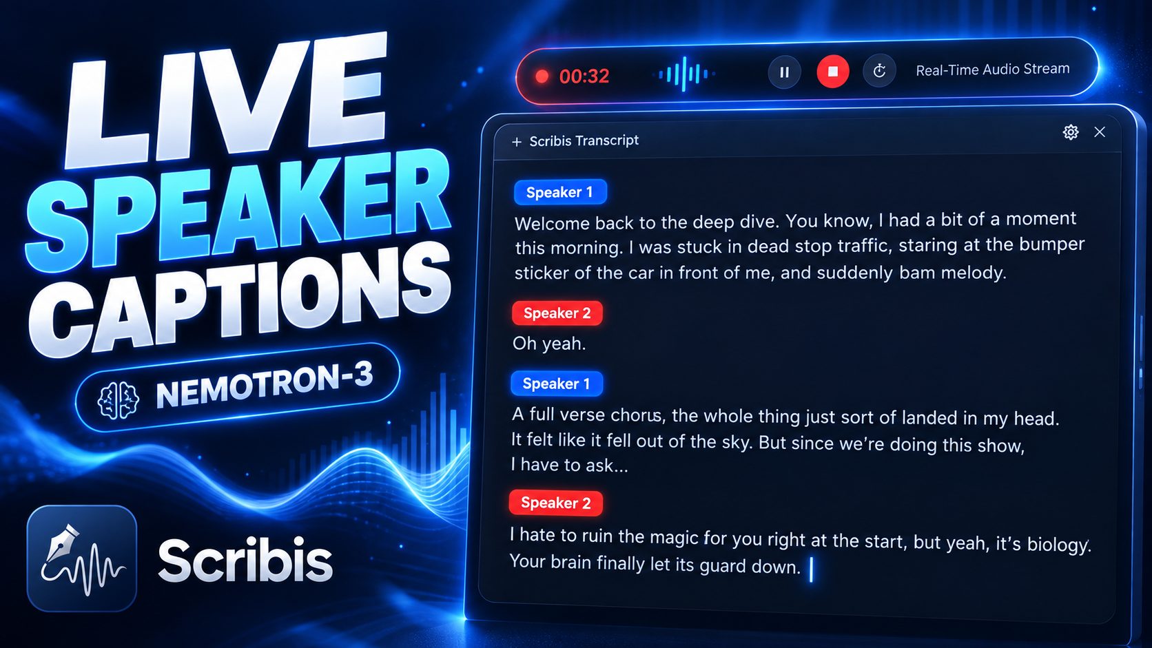 Scribis AI transcription and real-time speaker diarization interface