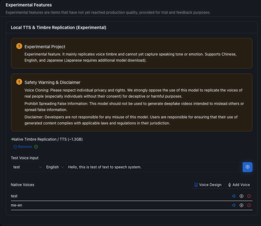 Scribis Settings Model Selection page showing Qwen3-TTS 1.7B VoiceDesign and 0.6B Base model downloads.