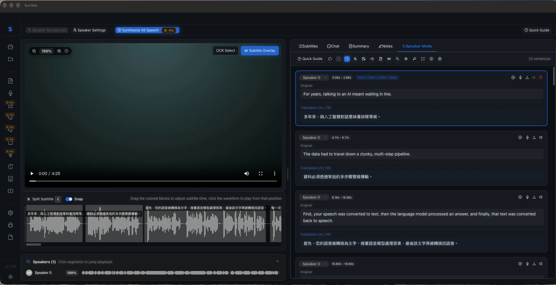Scribis Speaker Mode interface showing timeline waveforms, translated subtitles, and speaker voice configurations.