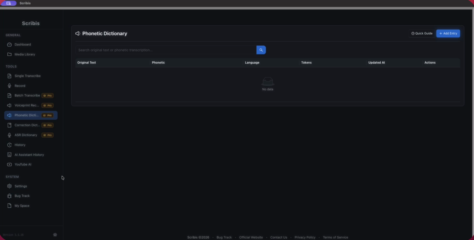 The Scribis v1.1.16 Phonetic Dictionary page with text, pronunciation, language, and token fields.
