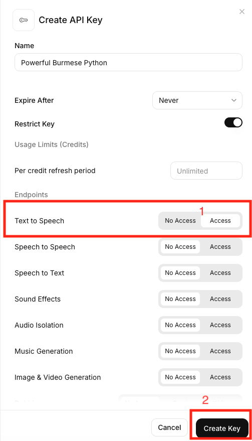 API key scope permission settings; enable Speech to Text for Scribe v2