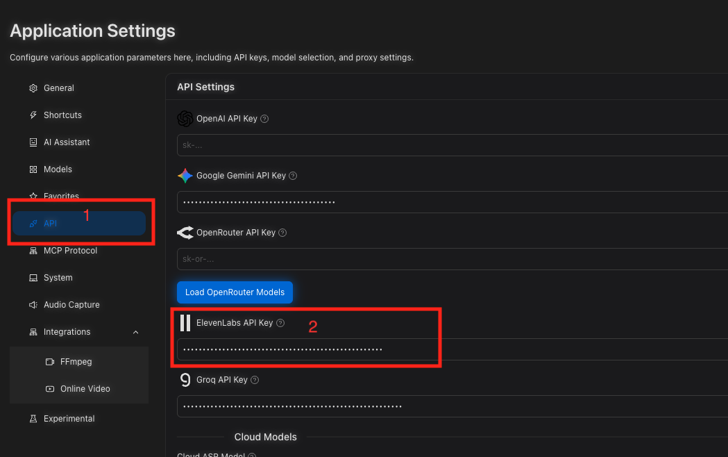 ElevenLabs API Key field in Scribis Settings → API