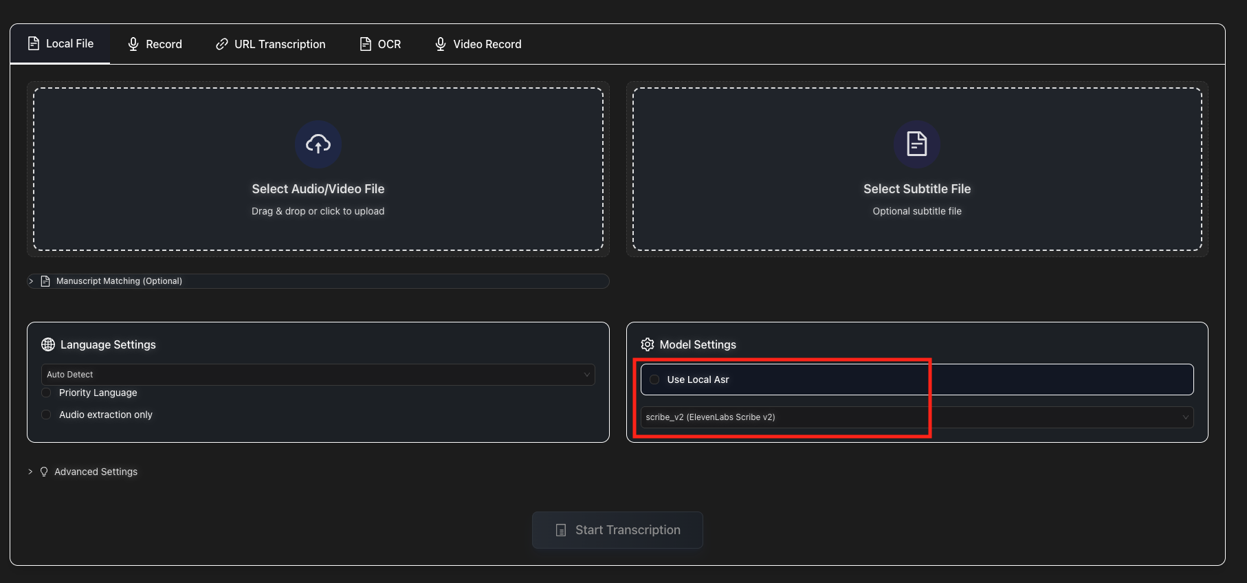 Select scribe_v2 in Scribis Model Settings
