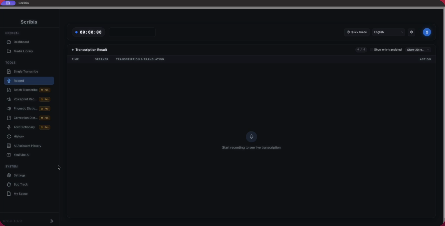 The Scribis v1.1.16 Record standby page with timer, language menu, and transcription results area.