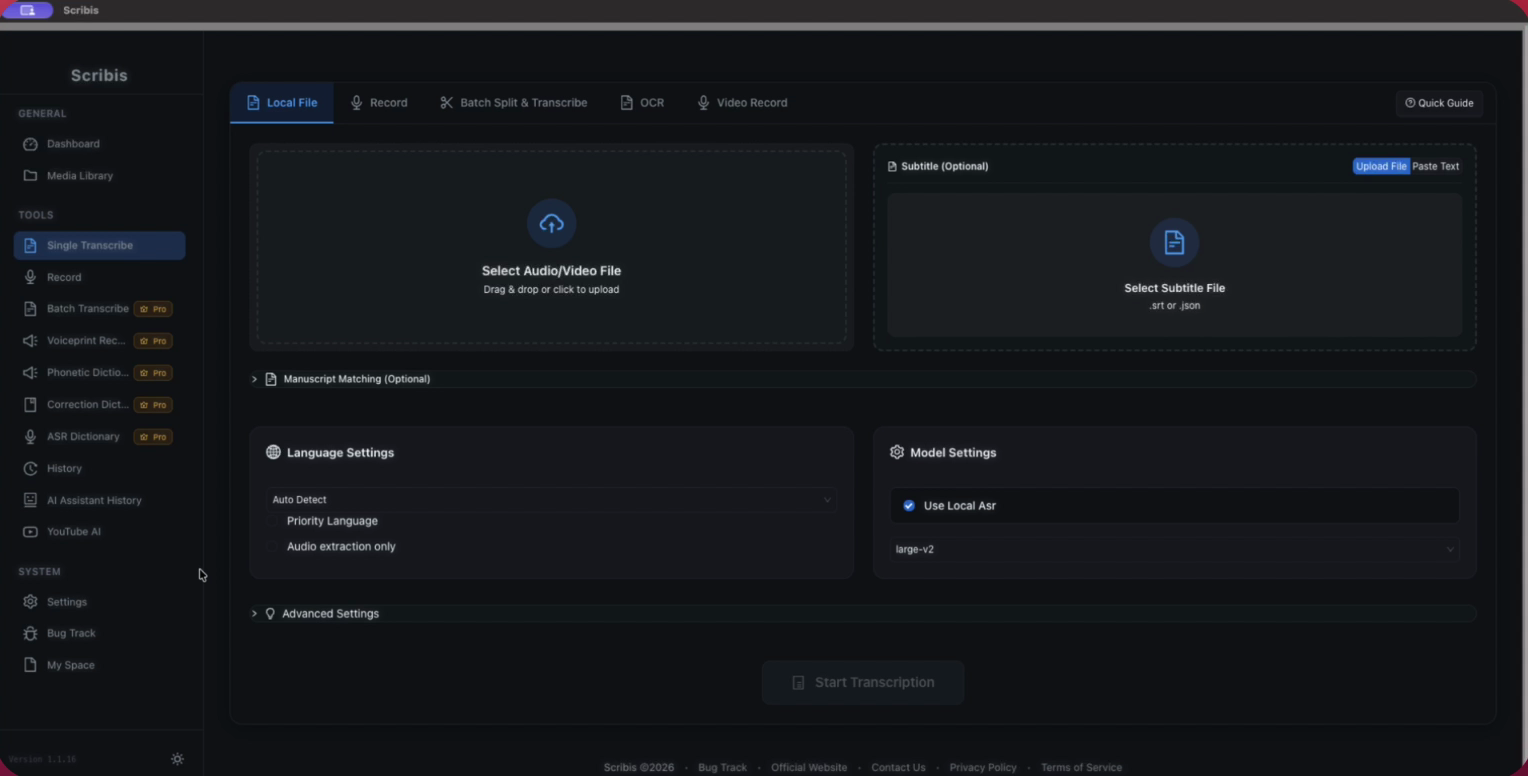 The Scribis Single Transcribe page with audio and video import, an optional subtitle field, and language and model settings.