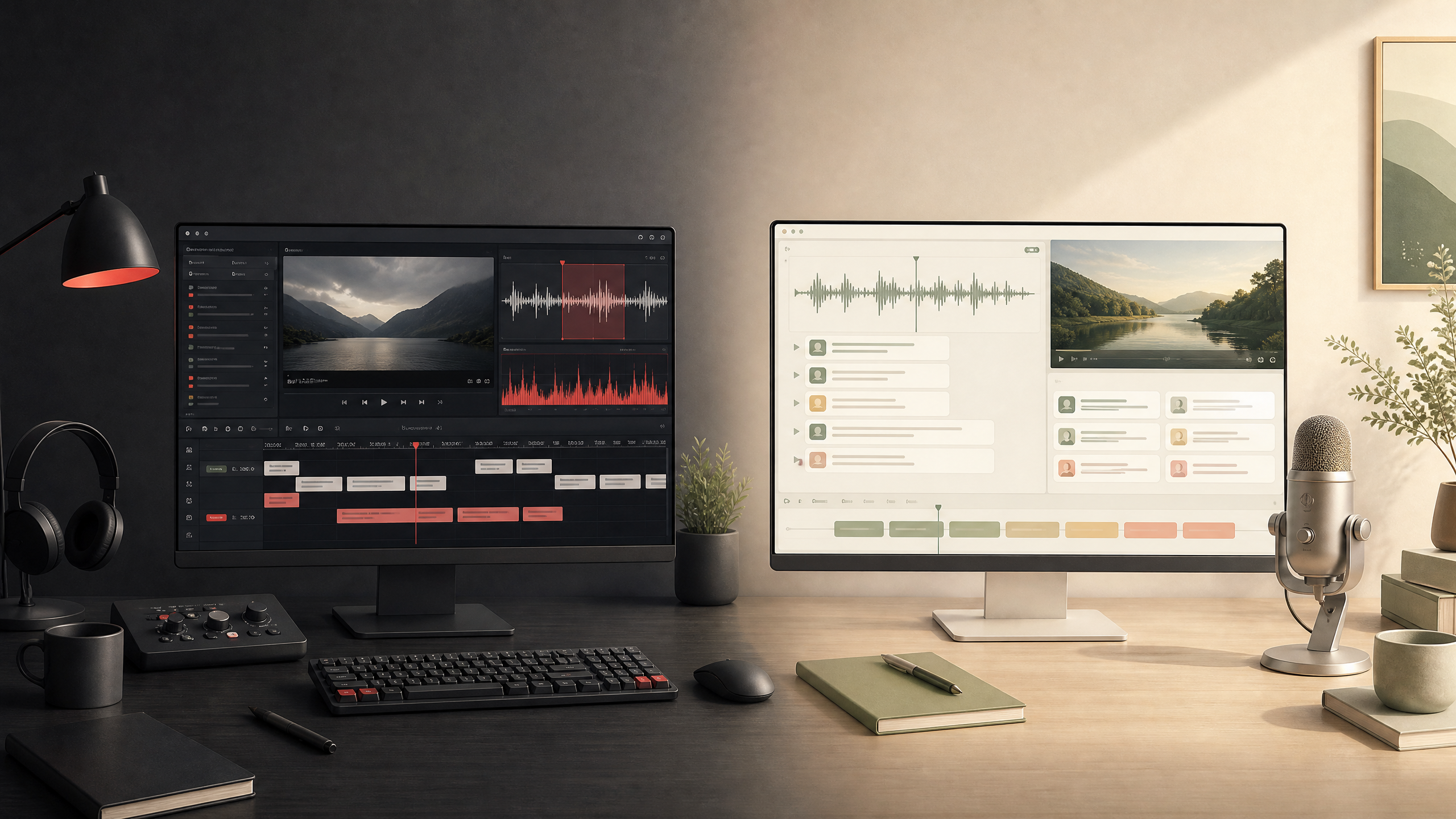 Concept artwork comparing Subtitle Edit v5 and Scribis subtitle, waveform, and video workflows