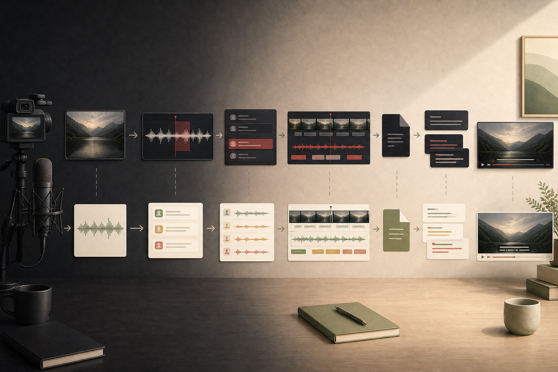 Workflow concept diagram from media assets and speech recognition to subtitle and video export